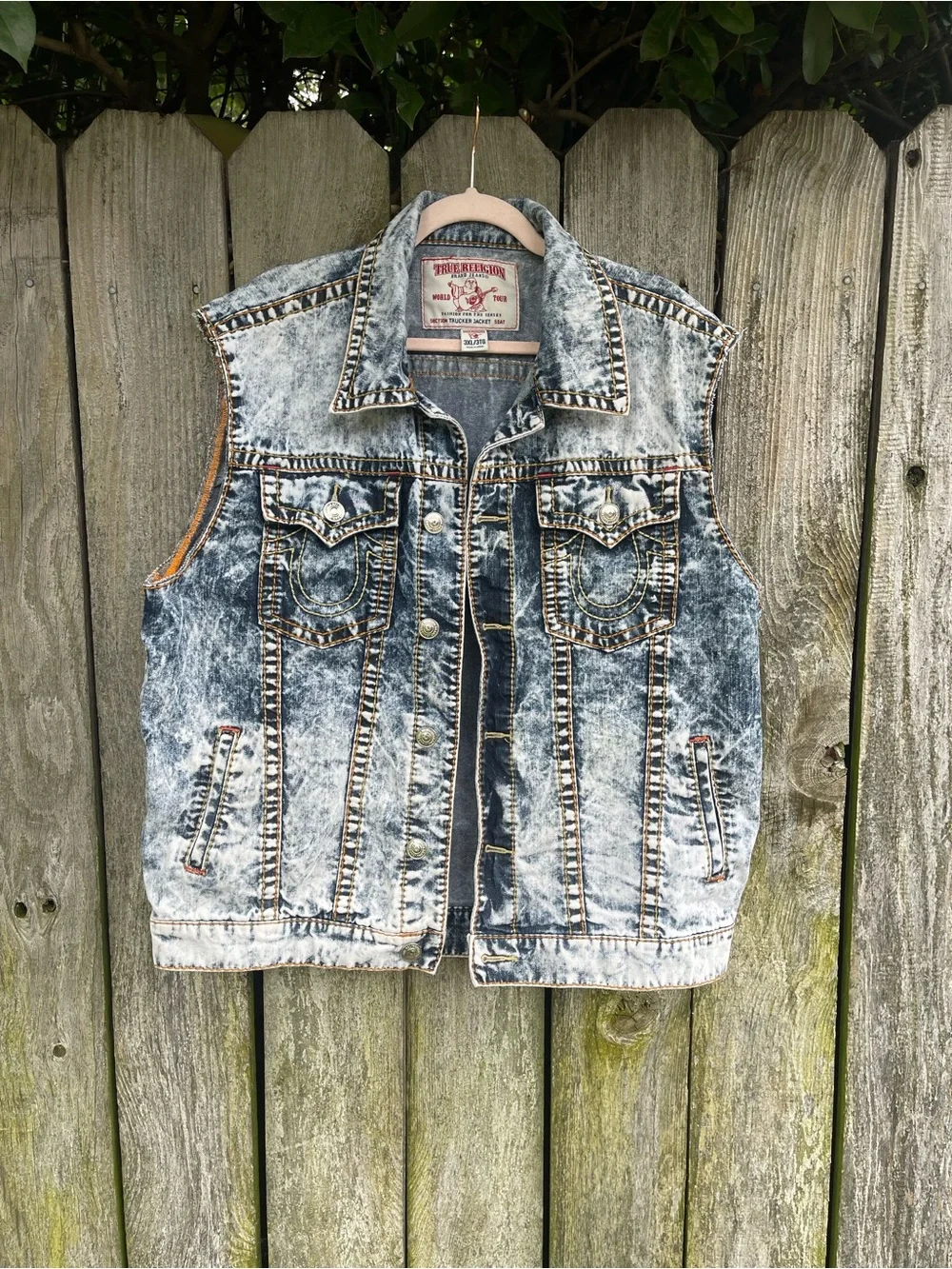 True Religion Acid Wash Denim Trucker Vest Sleeveless Jean Jacket Big Tall 3XL